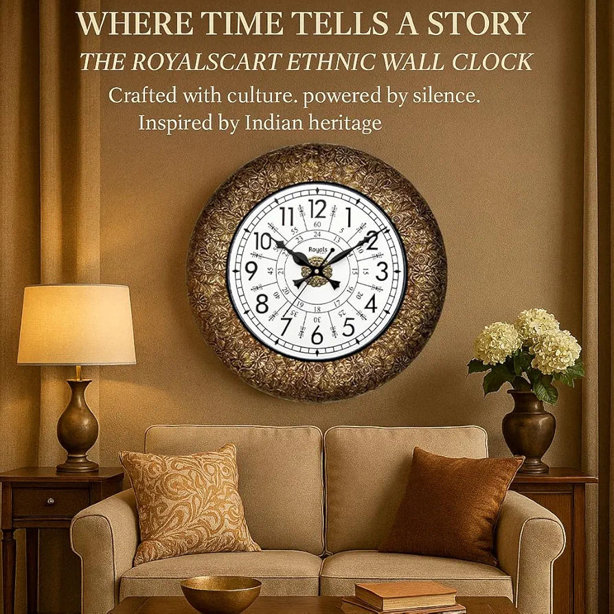 RoyalsCart Ethnic Handcrafted Decorative Wall Clock with Classic Metal Golden Antique Wooden Wall Clock [KTWC221N] Golden Classic Metal