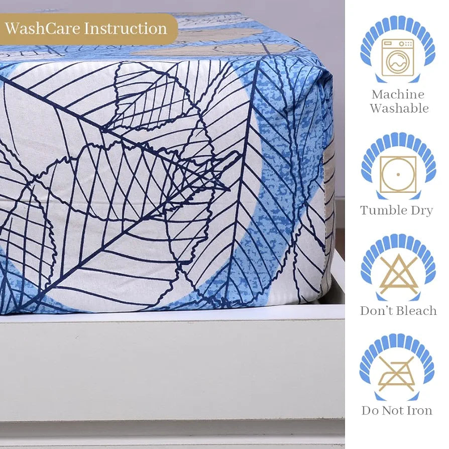 Divine Casa 144 TC Cotton Fitted Bedsheet for King Bed 100% Cotton Floral Blue Elastic Fit Everyday Use Bedsheet