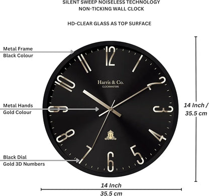Harris & Co. Clockmasters Silent Sweep Noiseless Technology Analog Wall Clock With Metal Golden 3d Numbers Black