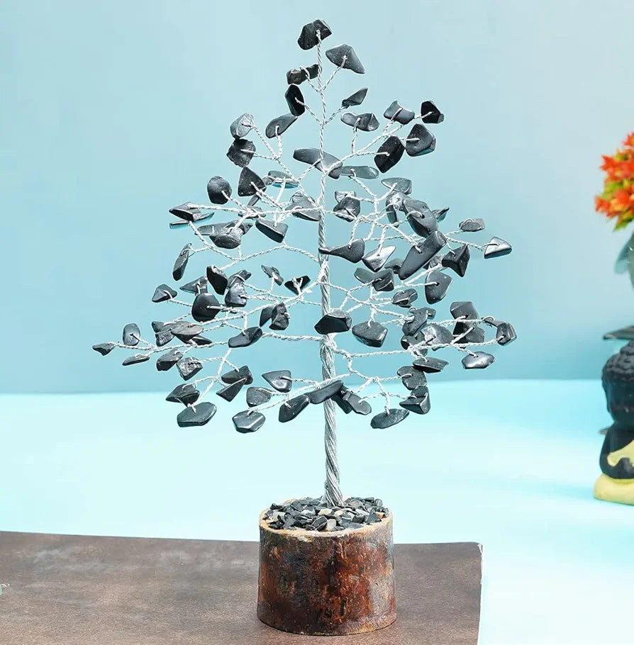 Crocon Black Tourmaline Gemstone Money Tree Feng Shui Bonsai Silver Wire