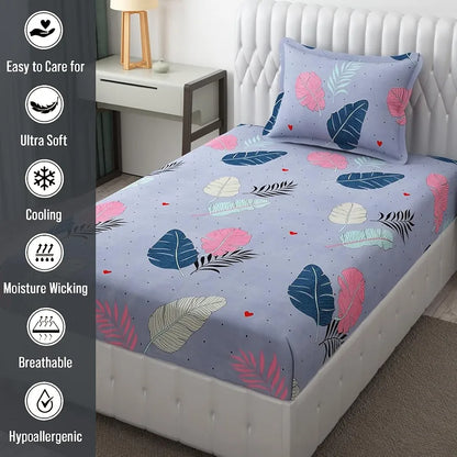 Fresh From Loom Floral Microfiber Single Size Single Bedsheet with 1 Pillow Covers 144 TC Zenith Blue