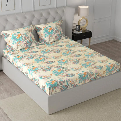 Cloth Fusion Glace Cotton Elastic Fitted Bedsheet for Double Bed King Size with 2 Pillow Covers Spring Bloom