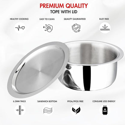 Vinod Platinum Triply Stainless Steel Tope with Stainless Steel Lid 2.5 litres Capacity (18 cm Diameter) - Silver