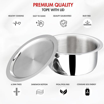 Vinod Platinum Triply Stainless Steel Tope with Lid - 1 Litre, 14 cm | Boiling Tope for Kitchen