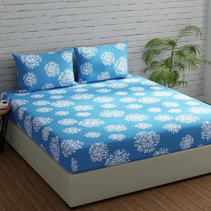 Huesland by Ahmedabad Cotton 144 TC Cotton Bedsheets for King Size Bed with 2 Pillow Covers | Blue