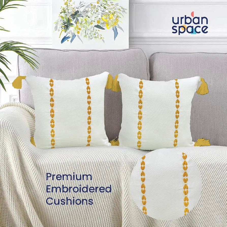 Urban Space Embroidered Cotton Cushion Cover Set of 2 Cushion Covers for Sofa, Bedroom, Living Room Vintage Braid Yellow