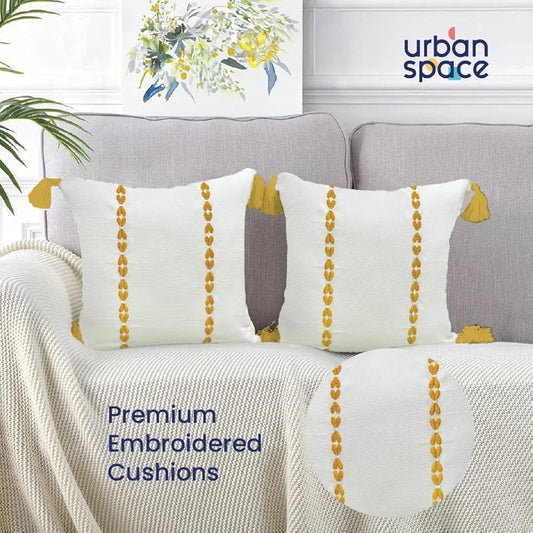 Urban Space Embroidered Cotton Cushion Cover Set of 2 Cushion Covers for Sofa, Bedroom, Living Room Vintage Braid Yellow