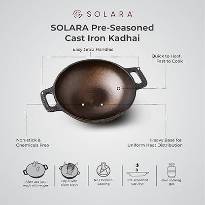 Solara Pre Seasoned Cast Iron Kadhai 8 Inch 20 Cm Ready to Use Deep Frying Kadhai