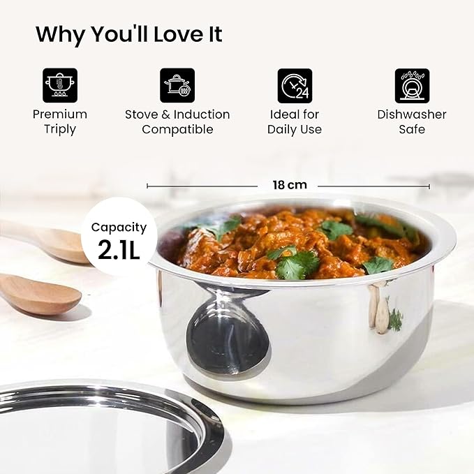 Savya Home Triply Stainless Steel Tope Patila With Lid Handi Casserole With Lid 2.1 L 18 Cm Diameter