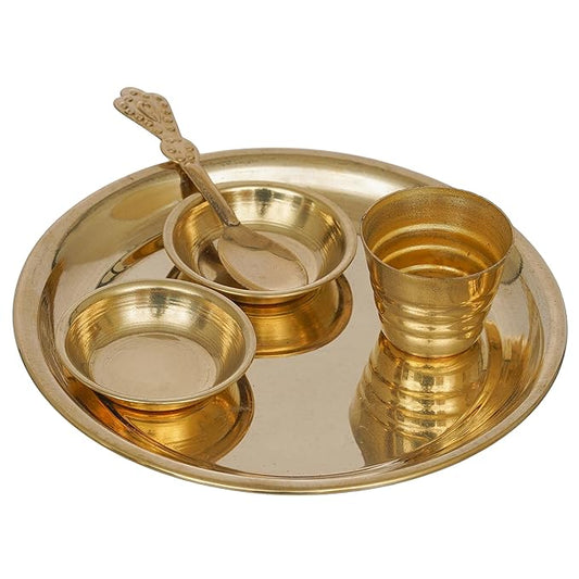 Ecraftindia Golden Brass Decorative Pooja Thali With Bowls Spoon Glass | Aarti Thali for Pooja | Puja Thali Set for Home