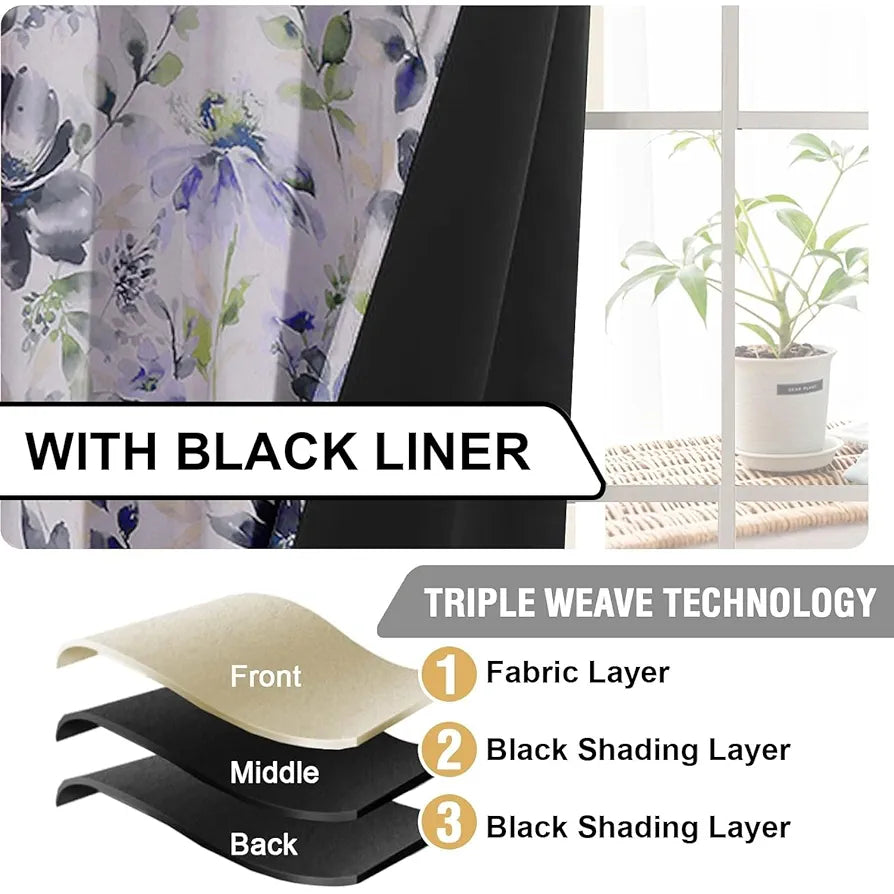 Cloth Fusion Blackout Printed Premium Door Curtains 7 Feet Long Set of 2 Blue Lotus
