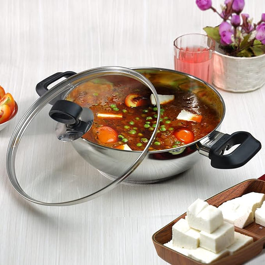 Vinod Stainless Steel Deluxe Kadhai with Glass Lid - 3.8 Litre, 26cm | Extra Thick, SAS Bottom | Soft Handle | Kadai for Cooking