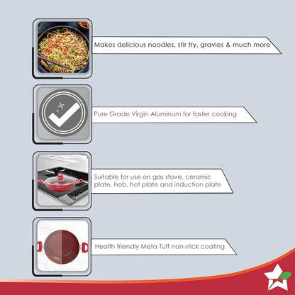 Wonderchef Royal Velvet Wok with Lid 24cm, Red (Aluminium)