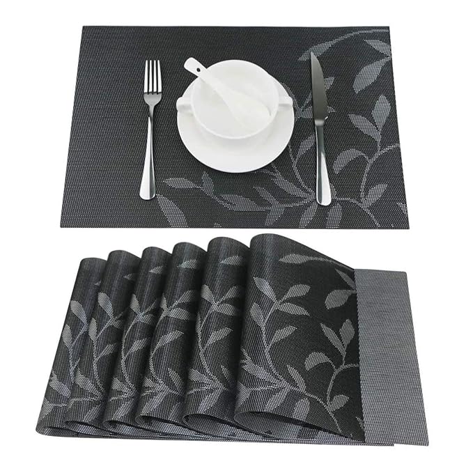 Leeonz Non-Slip Heat Resistant Washable Crossweave Woven Vinyl PVC Place mats Black Set of 6pcs