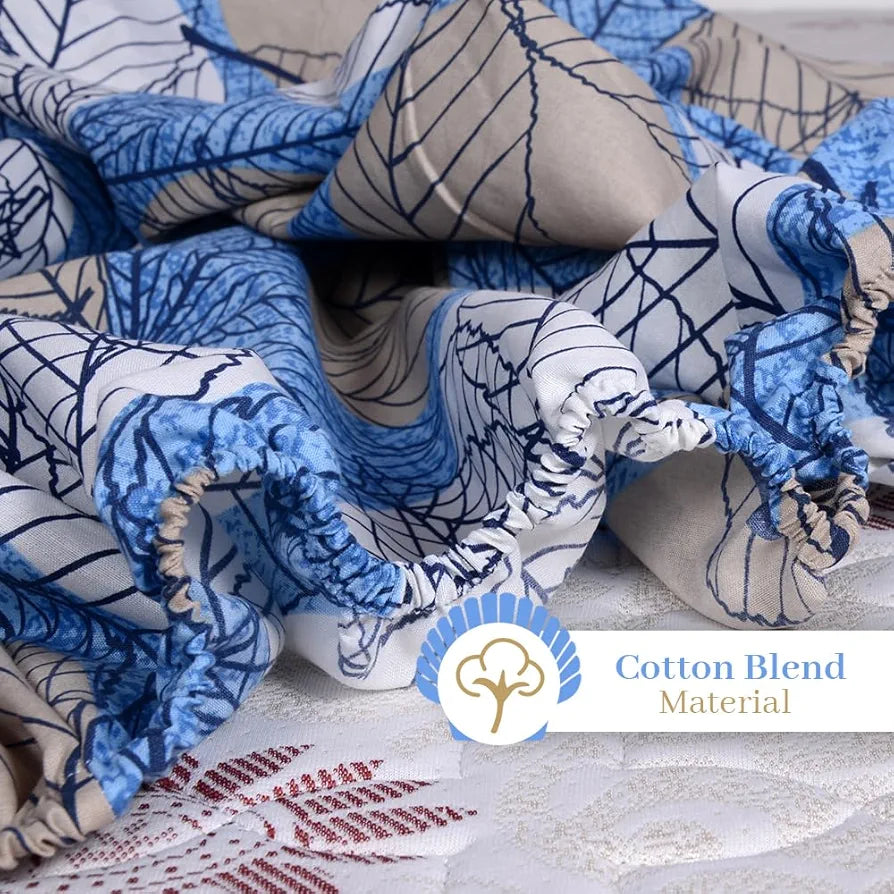 Divine Casa 144 TC Cotton Fitted Bedsheet for Single Bed 100% Cotton Floral Blue Size Colour Lichen Blue