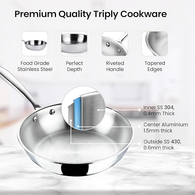 Savya Home Triply Stainless Steel Frying Pan 22 Cm 1.5 L Stove & Induction Cookware