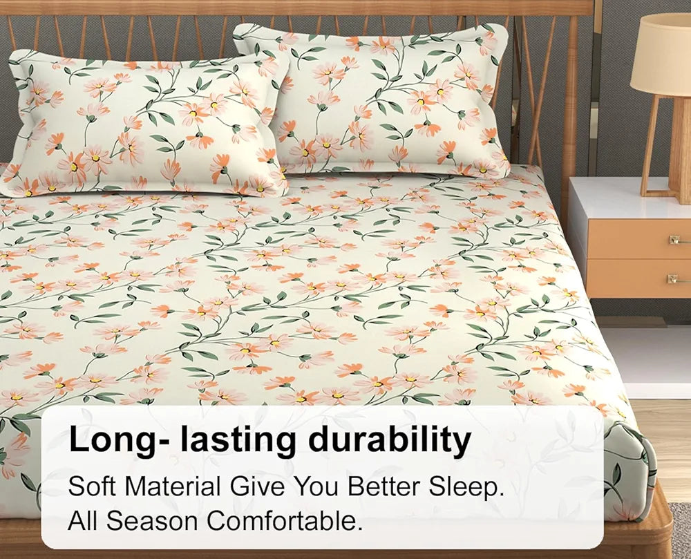 Fresh From Loom King Size Microfiber Floral Print Fitted Bedsheet 240 TC Hypoallergenic Includes 2 Pillow Covers Barely-Peach Barely-Peach