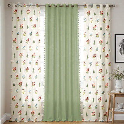 Urban Space Floral Cotton Curtains For Door, Combo Set Of 3 Room Darkening Curtains Tieback & Eyelets High Garden Red & Aura Green