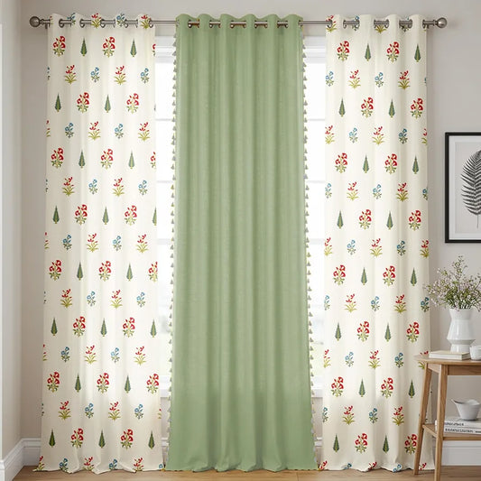 Urban Space Floral Cotton Curtains For Door, Combo Set Of 3 Room Darkening Curtains Tieback & Eyelets High Garden Red & Aura Green