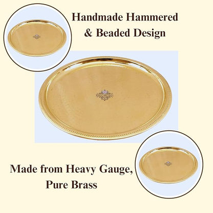 Indian Art Villa Hammered Brass Serving Plate 14.1" Inch, Gold