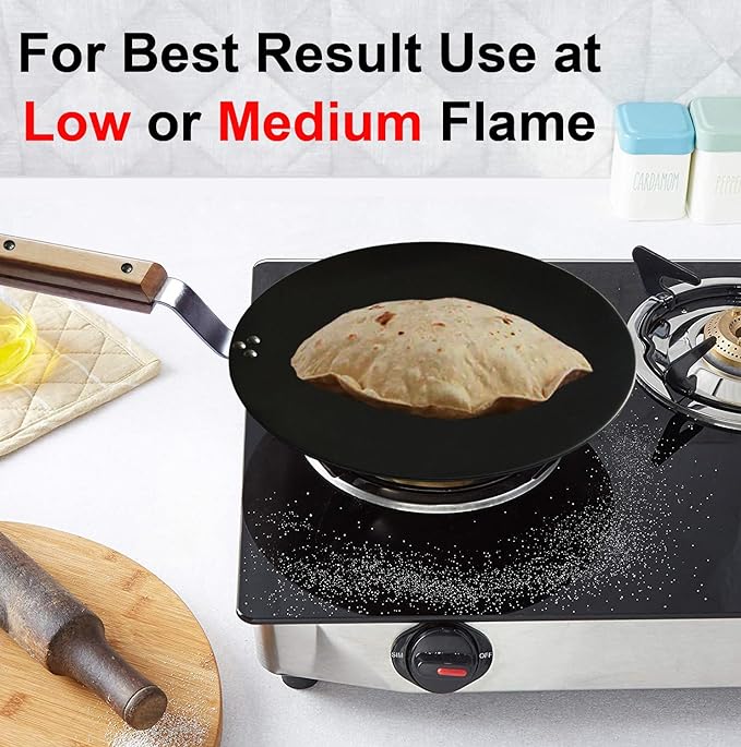 Amicus Kitchen Premium Iron Tawa For Roti Chapati Concave With Wooden Handle 10 Inch Black