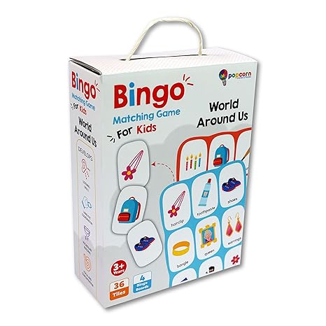Popcorn Games & Puzzles Bingo World Around Us Matching Game for 3+ Kids Skills with 36 Tiles & 4 Boards