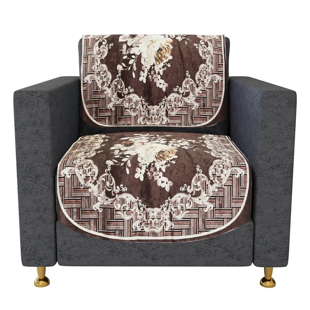 Kuber Industries Velvet Sofa Cover Set 5 Seater With Brown Check Border for Living Room Cream