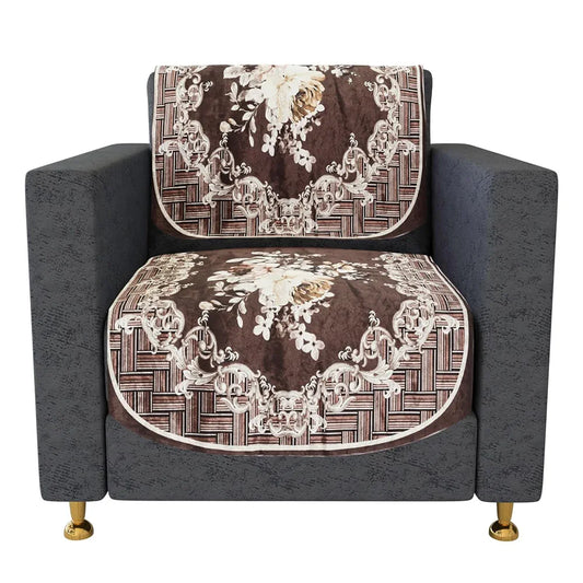 Kuber Industries Velvet Sofa Cover Set 5 Seater With Brown Check Border for Living Room Cream
