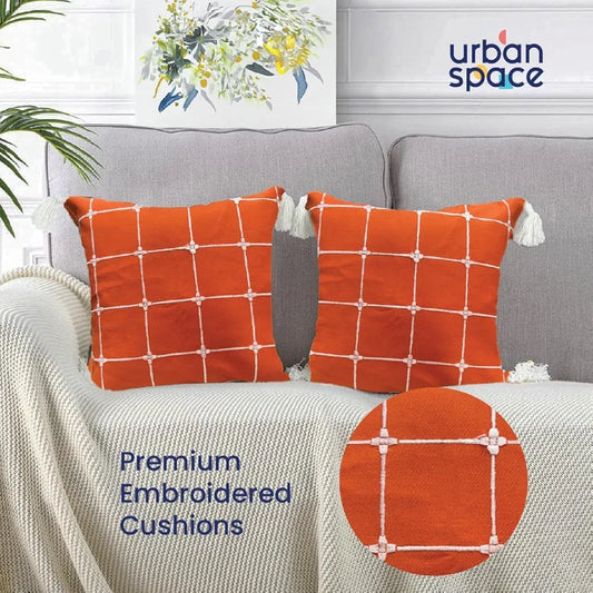 Urban Space Embroidered Cotton Cushion Cover Set of 2 Cushion Covers for Sofa, Bedroom, Living Room Colour Aura Checks Orange