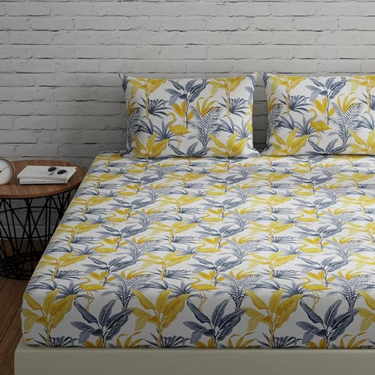 Huesland by Ahmedabad Cotton 144 TC King Size Bedsheet Cotton with 2 Pillow Covers | Flamingos Yellow