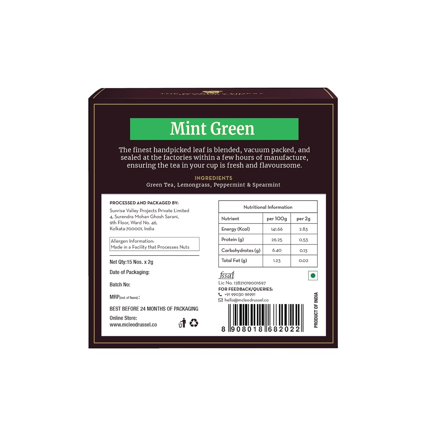 McLeod Russel 1869 Mint Green 15 Pyramid Tea Bags - 30 gms