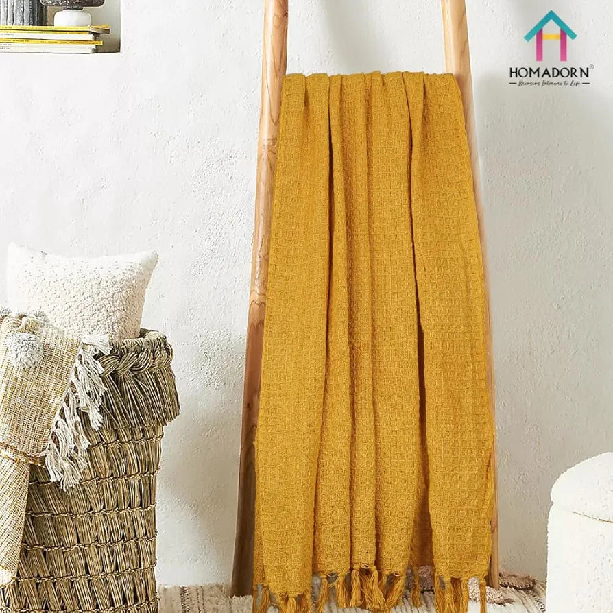 Homadorn Waffle 100% Cotton Throw Blanket Colour Mustard
