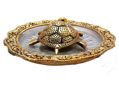 Chhariya Crafts Metal Feng Shui Tortoise on Plate Showpiece for Good Luck