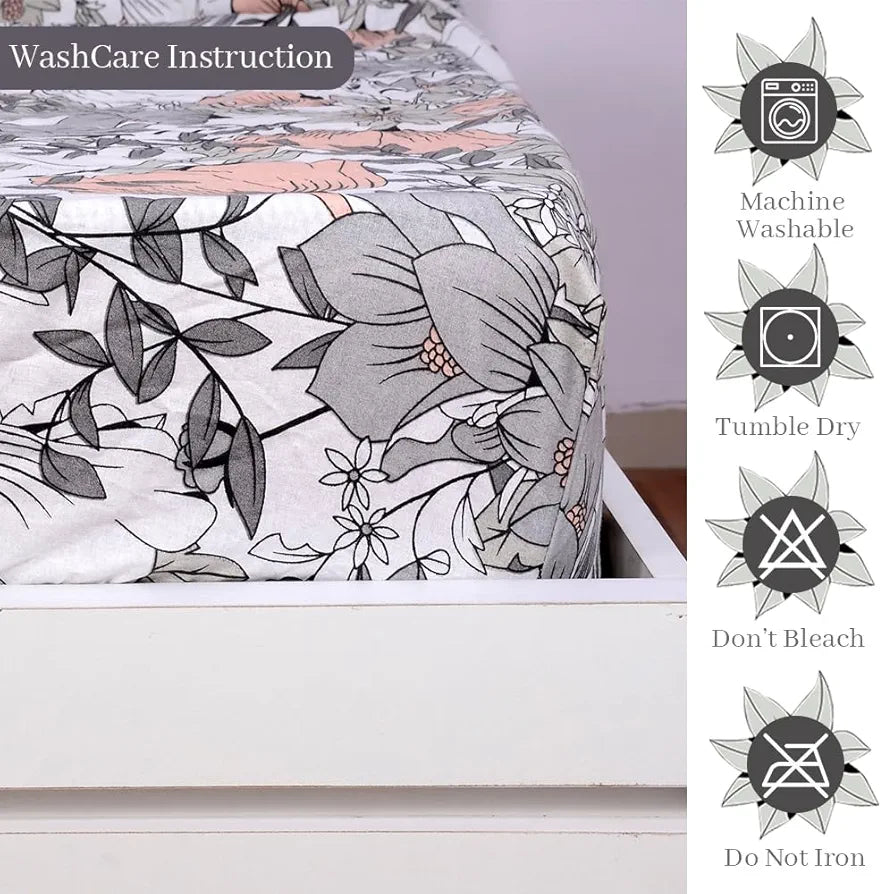 Divine Casa Cotton Classic Floral Bedsheet for Double Bed Elastic Fitted with 2 Pillow Covers  Griffin 144 Tc Colour Peach Nectar