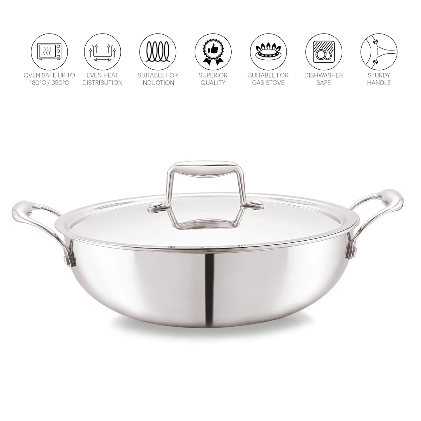 Cello Tri-ply 20 Cm Stainless Steel Cookware Kadhai With Lid