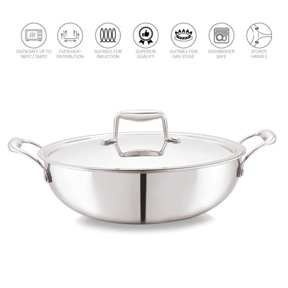 Cello Tri-ply 20 Cm Stainless Steel Cookware Kadhai With Lid