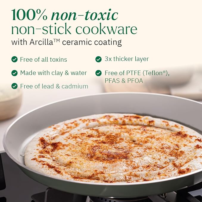 Ember Cookware Arcilla Ceramic Non Stick Dosa Tawa 28cm | Matching Handle | Florence Series | Green