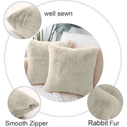 Luxe Home Cushion Cover Duble Side Rabbit Fur Plain Design Covers Set of 2 for Sofa BedColour Beige