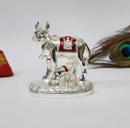 Gold Art India Kamdhenu Cow and Calf Idol with Red Accents Shiny Silver Finish | 7.62 cm