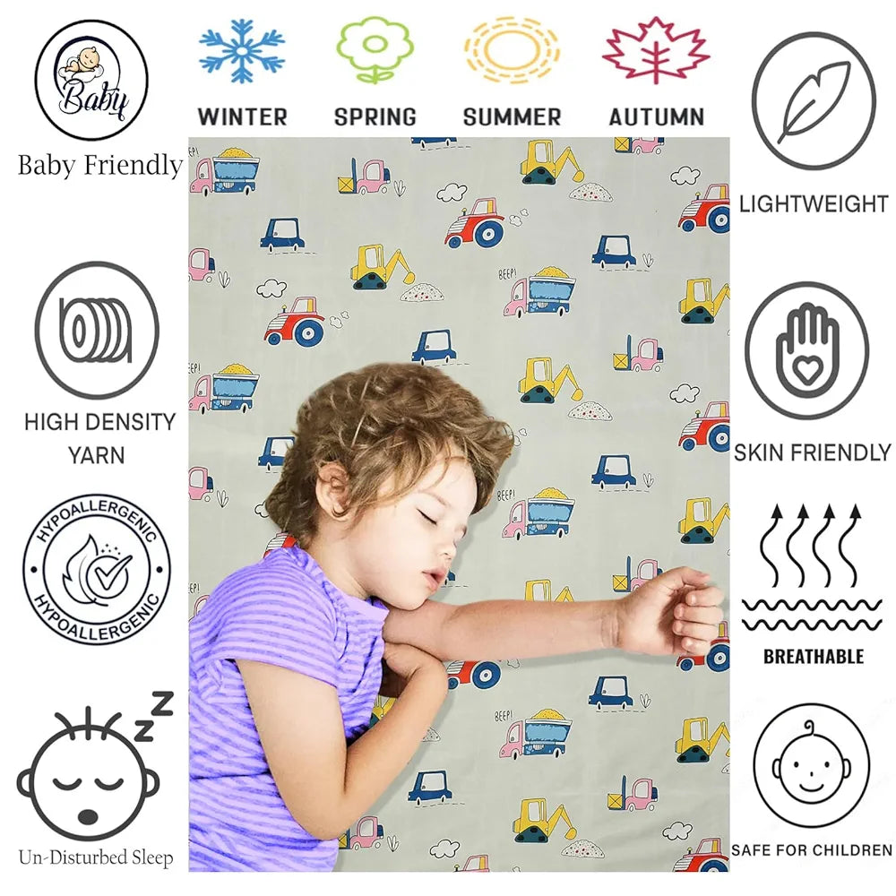 Fresh From Loom Elastic Fitted Bed Sheet with 2 Pillow Cover Cartoon Printed Cream Double Bed 300 TC Cream