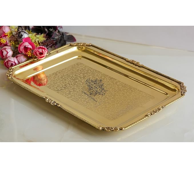 Indian Art Villa Brass Serving Tray Rectangular Shape With Beeding