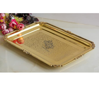 Indian Art Villa Brass Serving Tray Rectangular Shape With Beeding