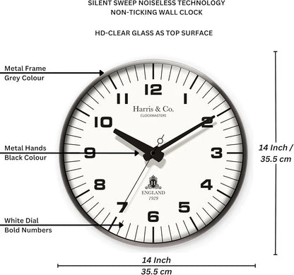 Harris & Co. Clockmasters Metal Silent Sweep Noiseless Technology Analog Wall Clock  Model-park Lane-grey