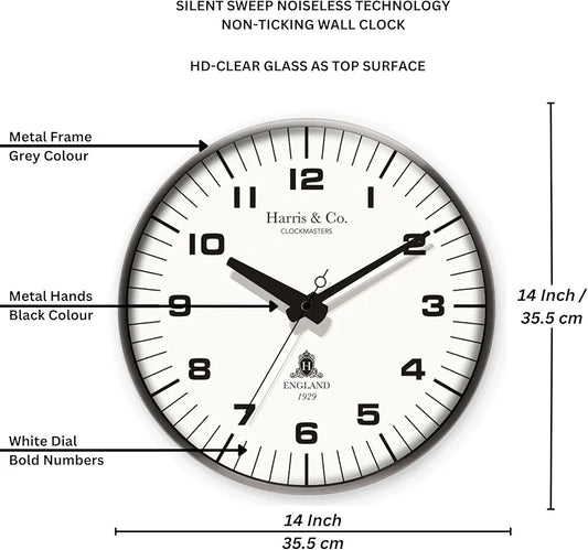 Harris & Co. Clockmasters Metal Silent Sweep Noiseless Technology Analog Wall Clock  Model-park Lane-grey