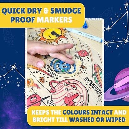 PepPlay Polymer Reusable 2 Coloring Placemats Sheet With 6 Erasable Marker Pens Space Series Theme White
