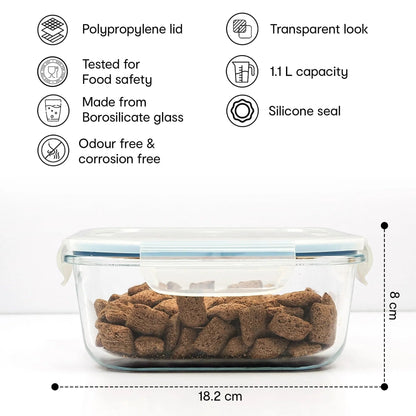 Anko 1.1L Glass Storage Container with Lockable Lid | Pack of 2 | Leak-Proof | Clear