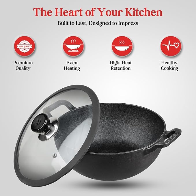 Vinod Legacy Pre Seasoned Cast Iron Kadai with Glass Lid - 4.3 Litre, 26 cm | Naturally Non Stick | Iron kadai for Cooking, deep Frying
