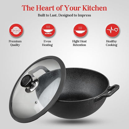 Vinod Legacy Pre Seasoned Cast Iron Kadai with Glass Lid - 2.4 Litre, 22 cm | Naturally Non Stick Kadhai for Cooking