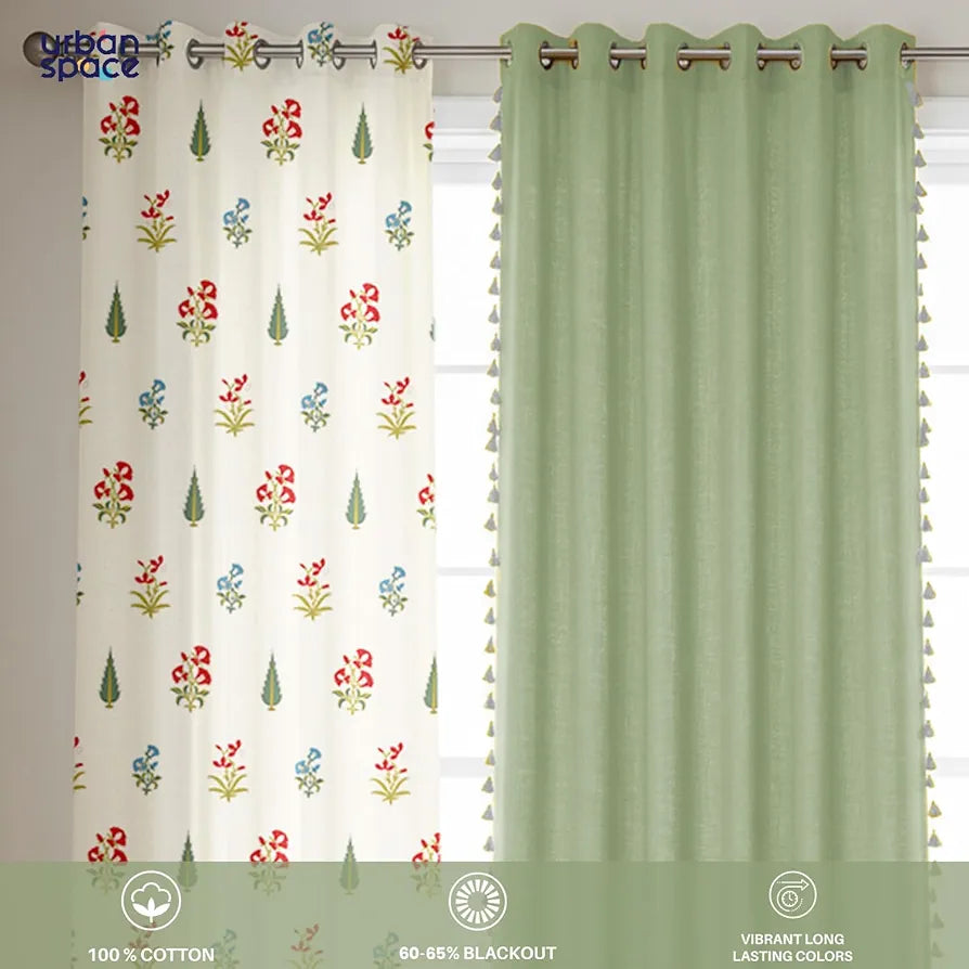 Urban Space Floral Cotton Curtains For Door, Combo Set Of 3 Room Darkening Curtains Tieback & Eyelets High Garden Red & Aura Green