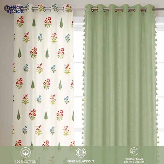 Urban Space Floral Cotton Curtains For Door, Combo Set Of 3 Room Darkening Curtains Tieback & Eyelets High Garden Red & Aura Green
